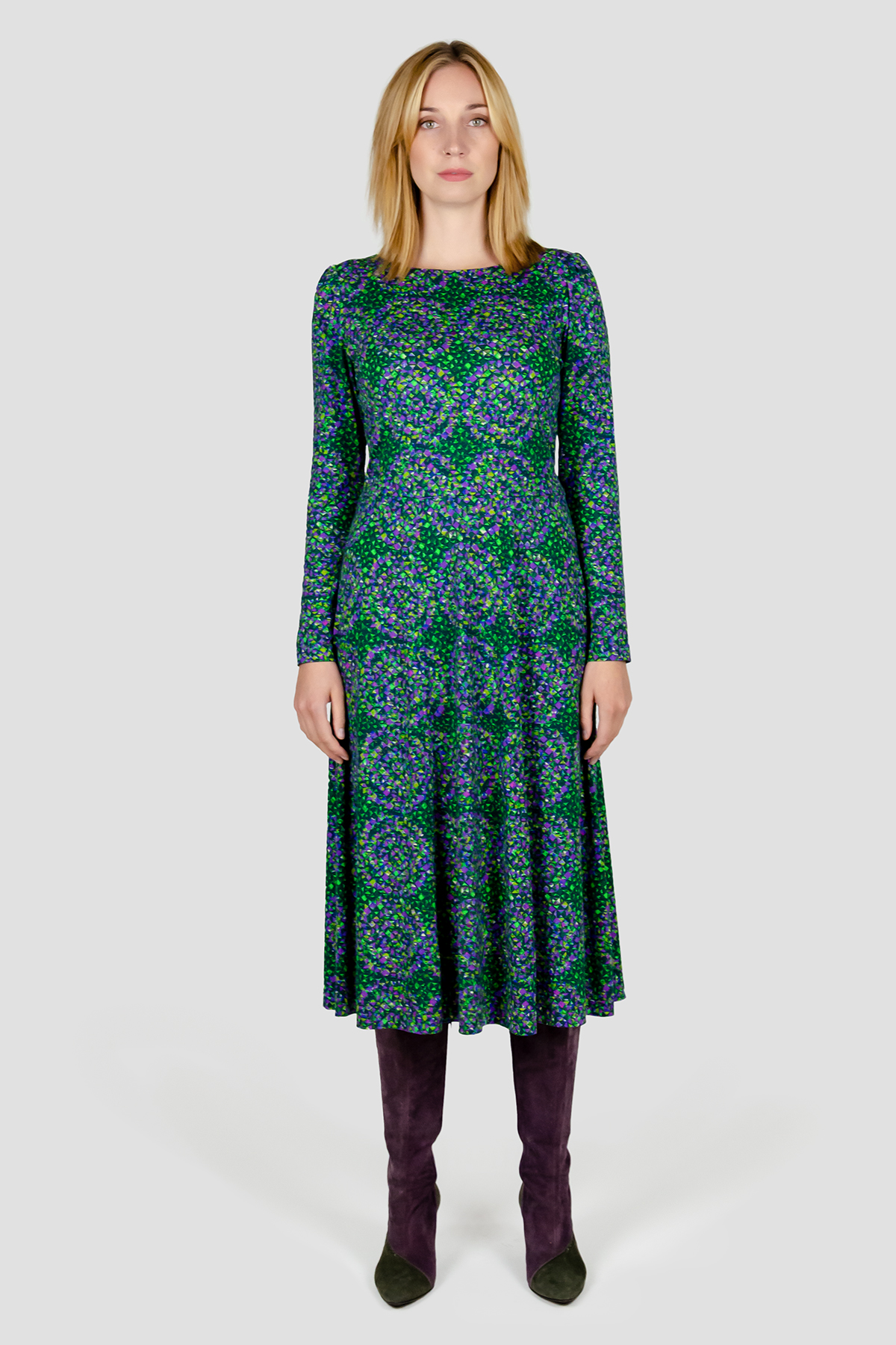 Marokko Kleid Grafisches Muster mit langen Aermeln, weiter Rock Gruen Violett Damen