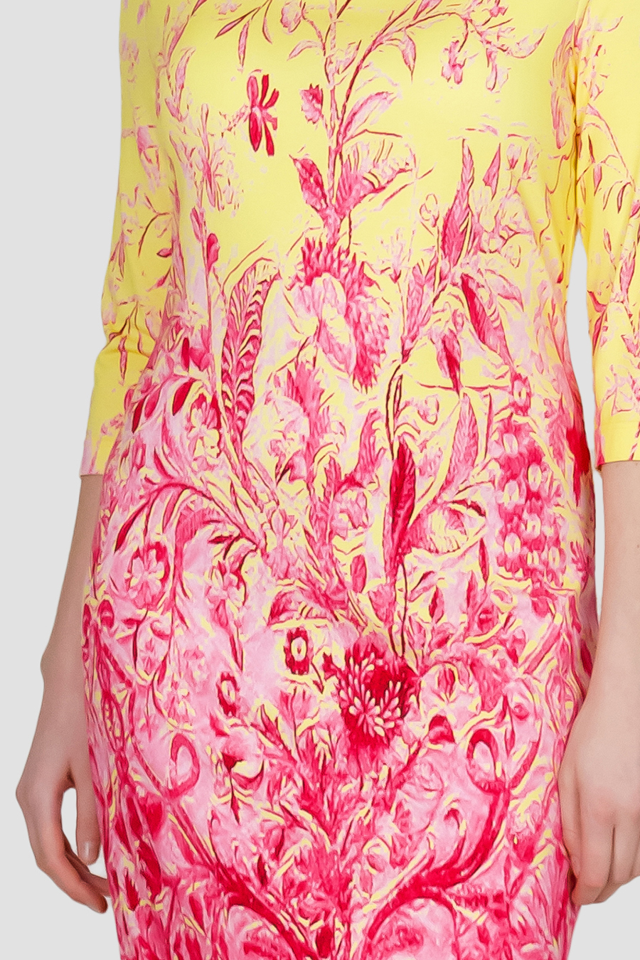 Queen Elisabeth Kleid Elegant Floraldruck mit Farbverlauf Pink Gelb Detail