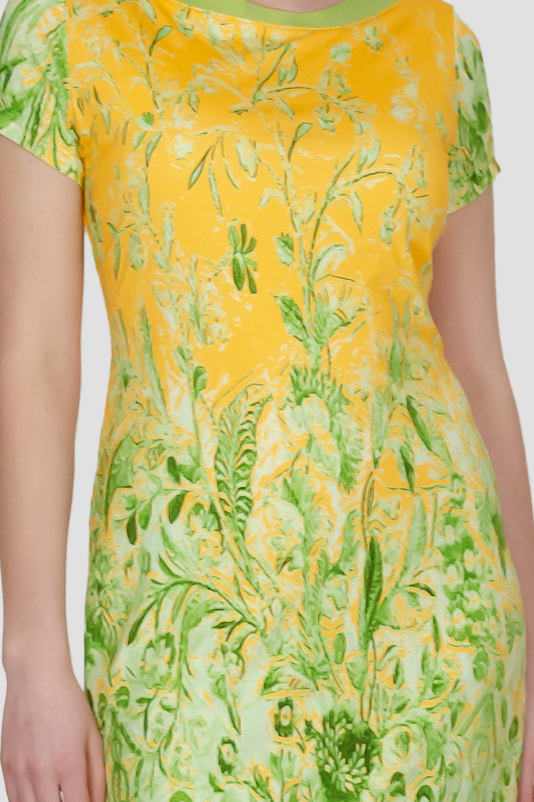 Queen Elisabeth Kleid Elegant Floraldruck mit Farbverlauf Gelb Gruen Detail
